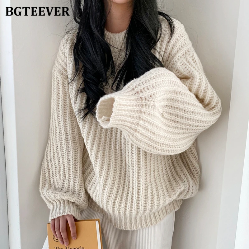 

BGTEEVER Autumn Winter Fashion Loose Female Solid Sweaters Jumpers Casual O-neck Long Sleeve Ladies Warm Knitted Pullovers Tops