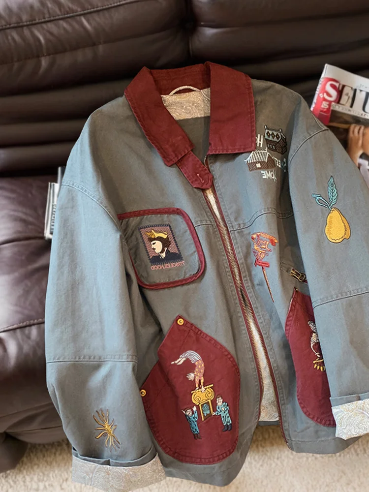 Retro Contrast Color Cartoon Embroidery Jacket Loose Fit Collar Men's Spring Autumn Fashionable Outerwear Casual Top