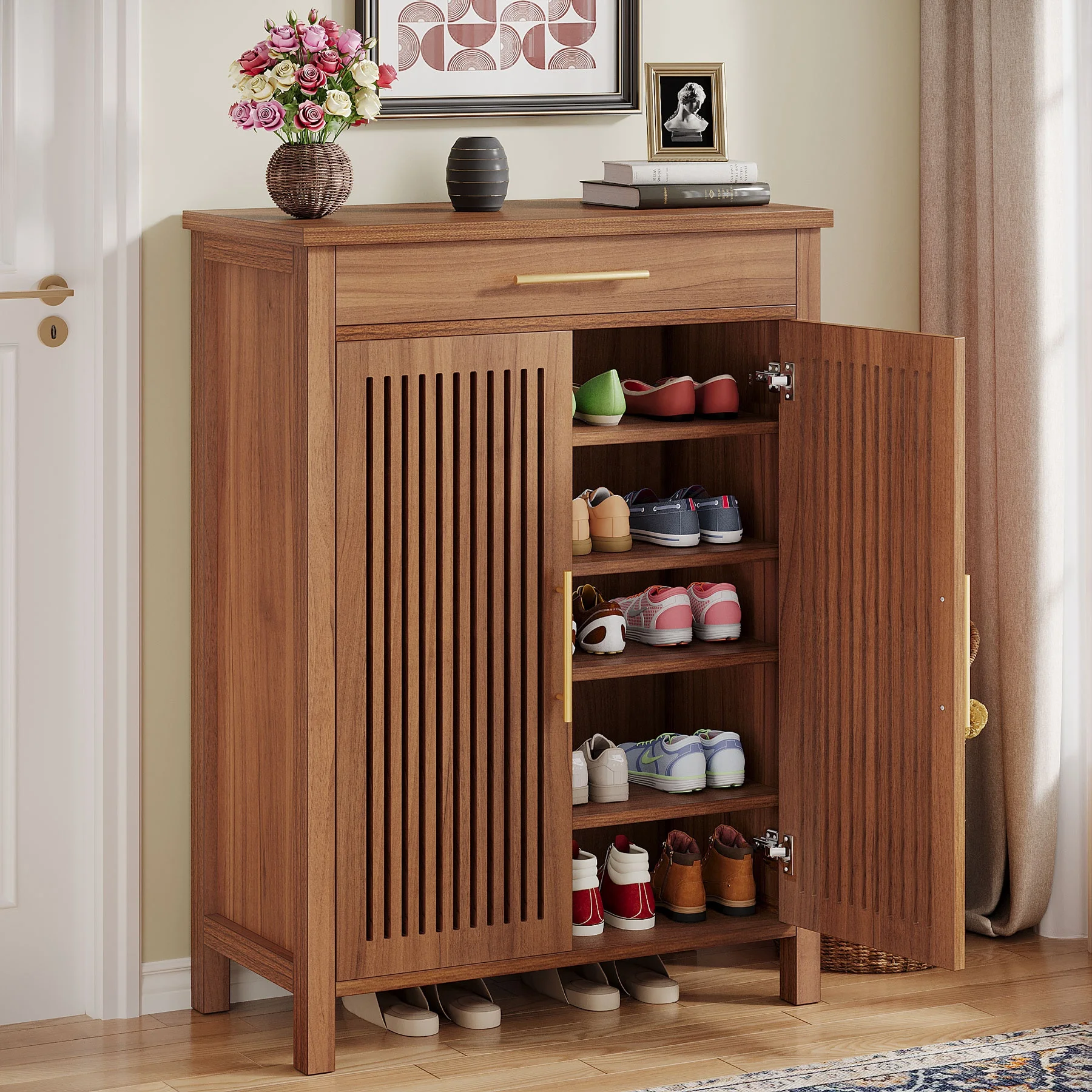5-Tier Farmhouse Convertible Entryway Shoe Storage Cabinet Wood Shoe Organizer Slatted Doors Gold Handles Shoe Cabinet Dining
