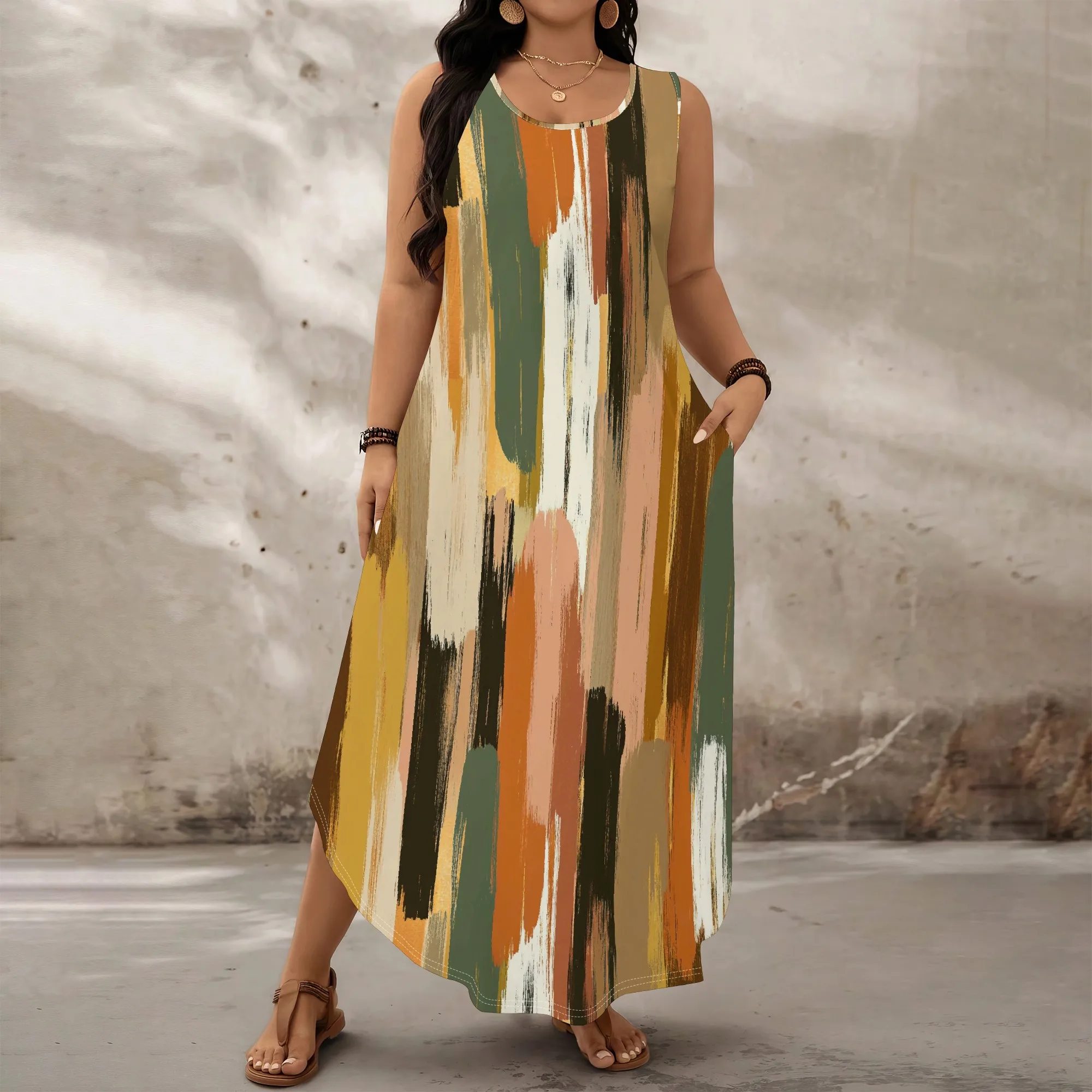 

Plus Size Brushstroke Print Maxi Dress XL-6XL Earth Tone Sleeveless Style for Autumn Brunch, Art Walk or Everyday Look