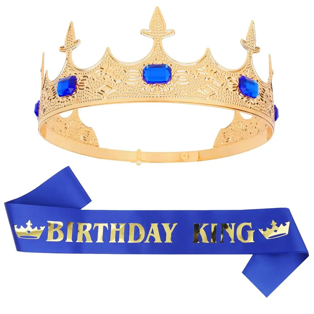 

Birthday King Crowns for Men Gold Birthday Crown for Men Royal Blue Birthday King Sash and Crown Birthday Sash for Men Birth