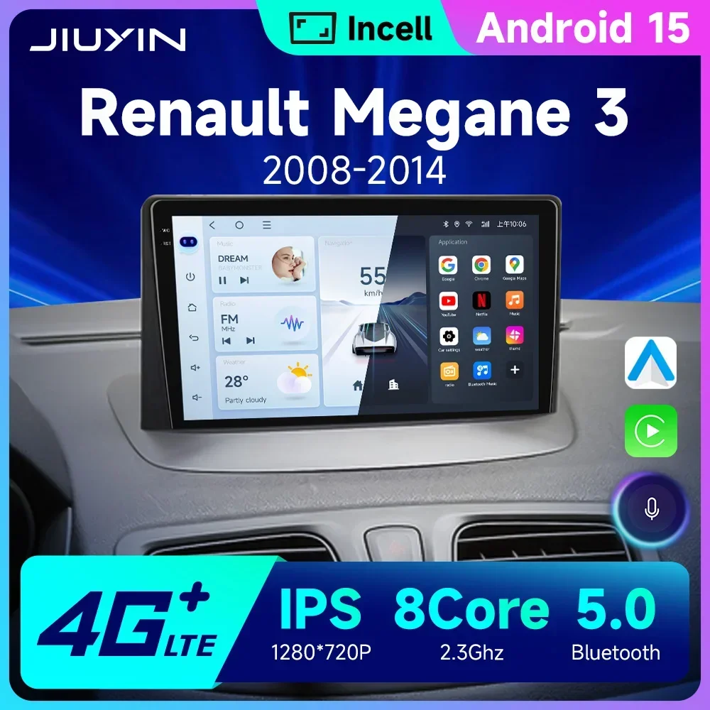 JIUYIN Carplay Radio For Renault Megane 3 Fluence Samsung SM3 2008 - 2014 Wireless Car Android Auto Car Multimedia Stereo 2 Din