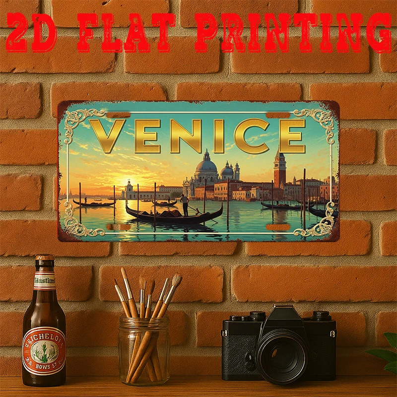 2D Flat, 1pc Vintage Venice Italy Wall Art - Venetian Gondola & Canal Scene Metal Sign, Italian Canal Decor for Home, Café, Ital