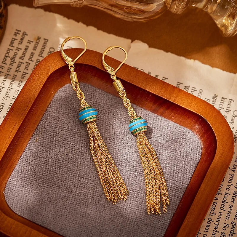 New Long Champagne Colour Tassel Necklace Earrings CZ Zircon Sweater Chain Necklace Drop Earrings For Women Dating Party Jewelry