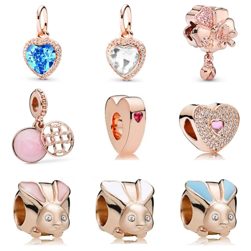 Hot Sale Rose Gold Plated Rabbit Leaf Pendant Alloy Hollow Charm Beads For Pandora DIY Bracelet Necklace Accessories Jewelry Gif