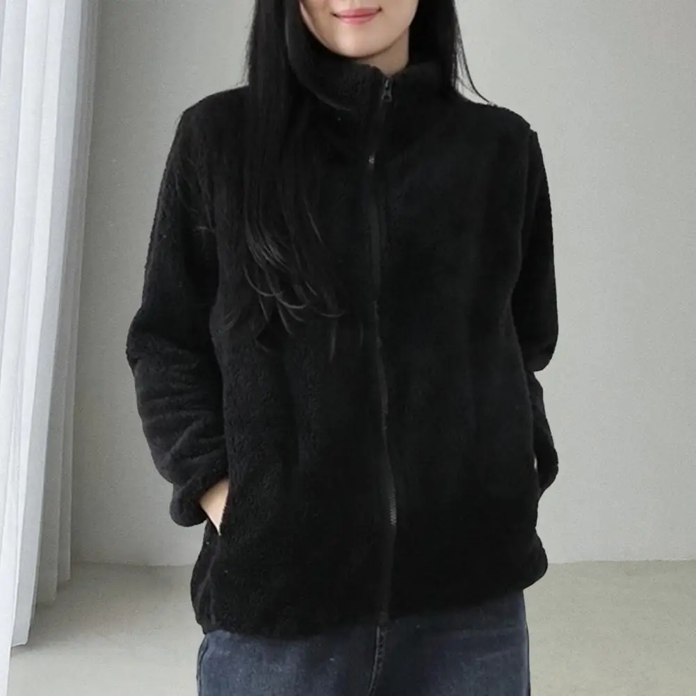 Women Zipper Closure Jacket Lightweight Women Coat Women’s Winter Coat with Thick Plush Lining Stand Collar Neck for Outdoor