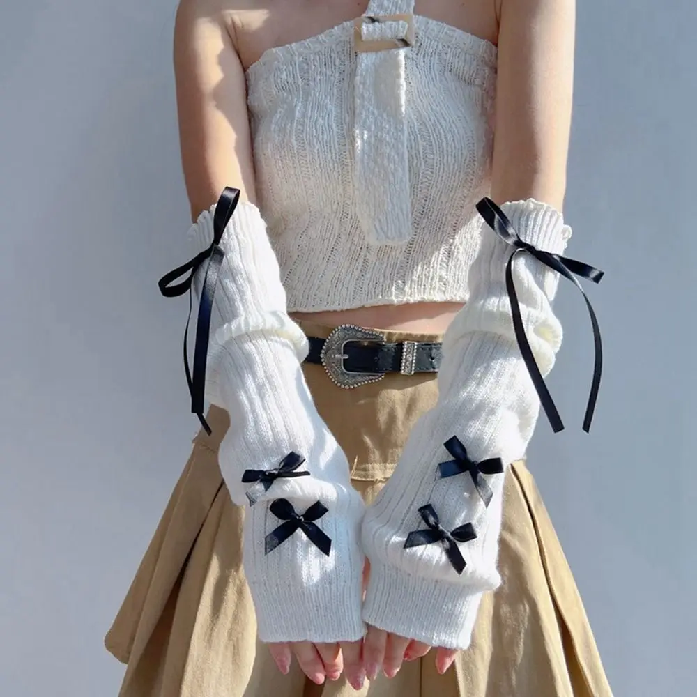 Elastic Y2K Warm Sleeves Bowknot Long Mittens Ballet Style Bow Knitted Arm Warmers Korean Style Sweet Fingerless Gloves