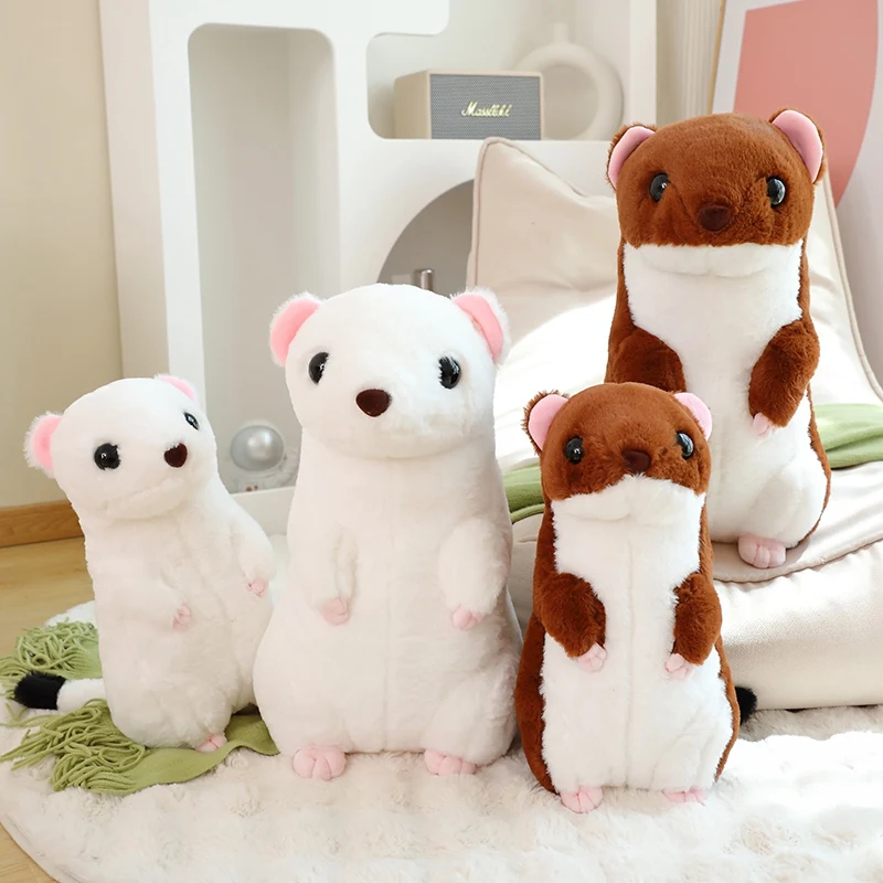 

Kawaii Sitting Cartoon White Stoat Yellow Weasel Plush Toy Cute Black Eyes Wild Forest Animal Plushie Pillow Sleeping Companion