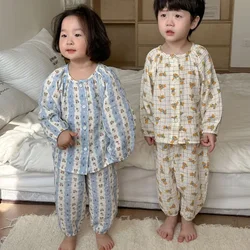 Children's Pajamas Suit Spring Summer New Cotton Gauze Girl's Suit Home Clothes Long Sleeve Top+Pant Casual Boy's Suit