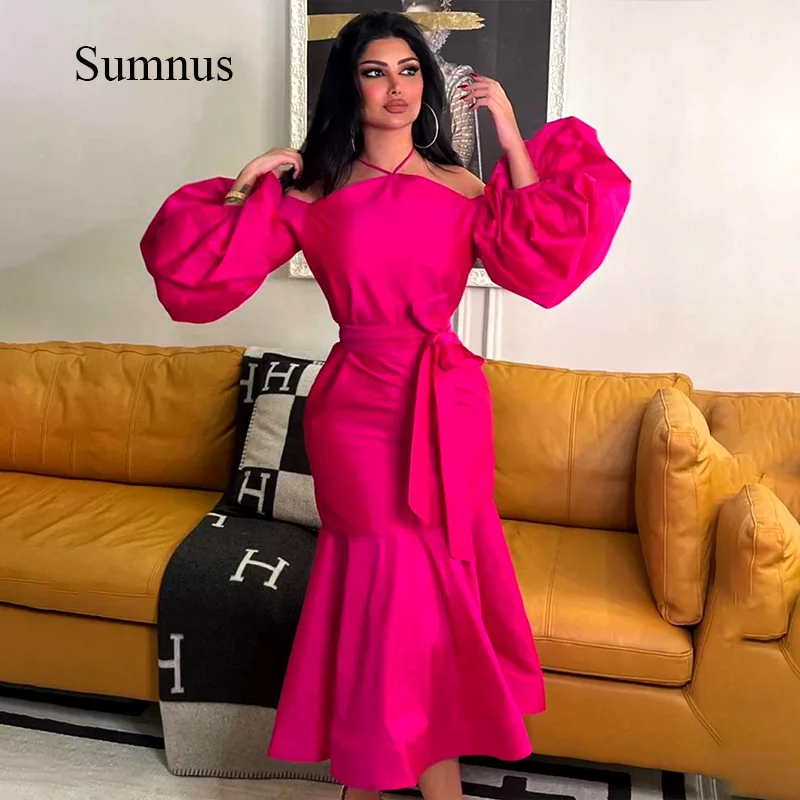 

Sumnus Hot Pink Halter Prom Dress With Belt Puff Sleeve Midi Party Gowns Elegant Dubai Evening Dresses for Women Robe de Soiree