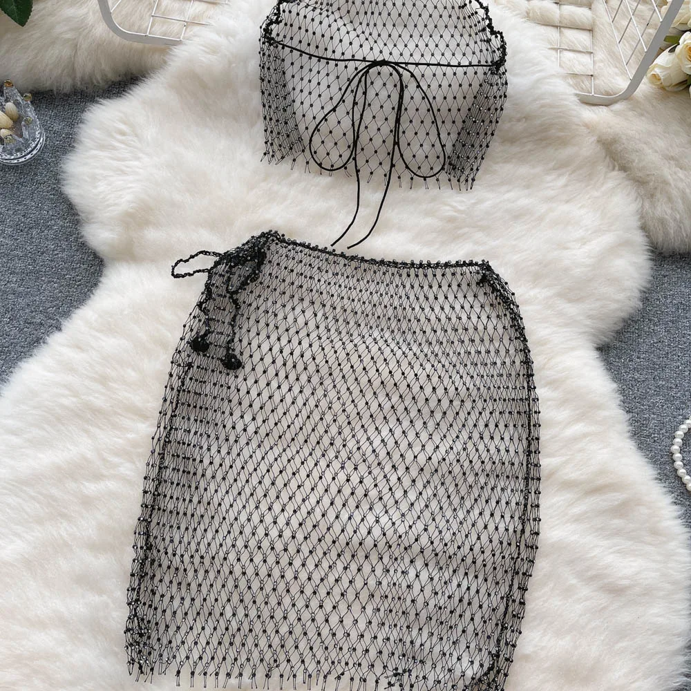 ผู้หญิง 2 ชิ้นชุดเซ็กซี่ Glitter Diamond Crop Tank Tops + กระโปรงมินิ Carnival Rave Party Club ชุด Ropa เทศกาล Mujer