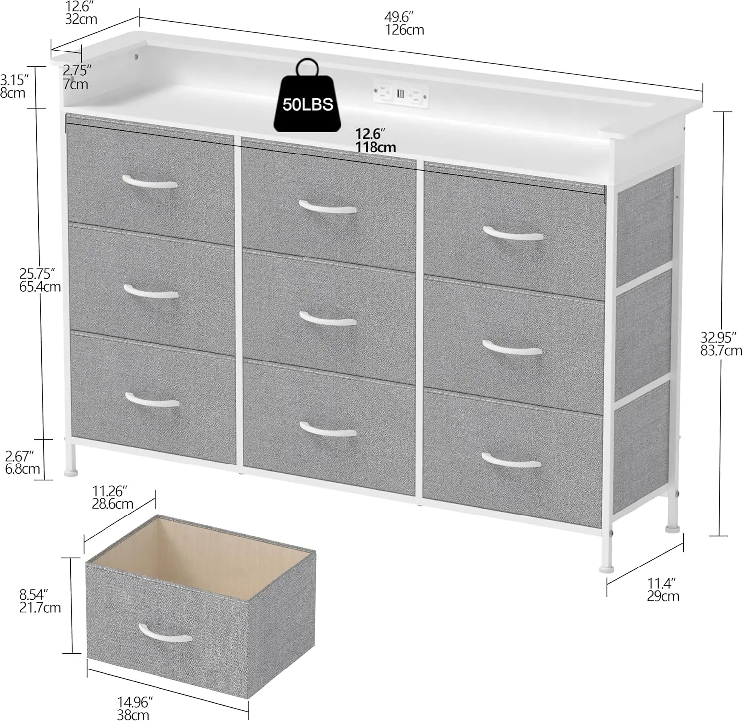 Gray Dresser with LED Light for Bedroom 9 Drawer Dresser with Charging Station Dressers & Chests of Drawers for Entryway Closet