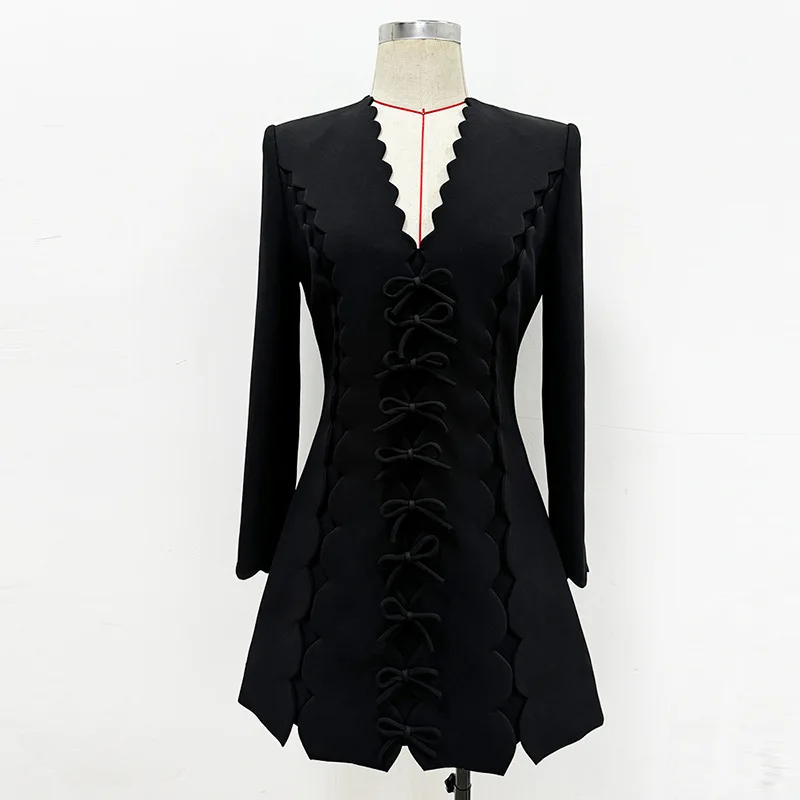 

European American fashion new wave-shaped V-neck bow long-sleeved elegant little black dress women's clothing trf ropa mujer
