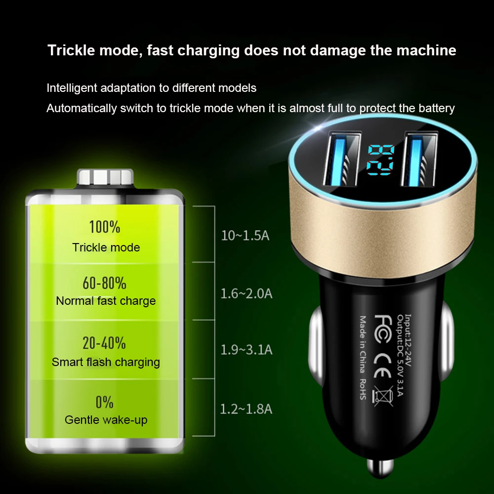 3.1A Car Charger For Cigarette Lighter Phone USB Adapter Mobile Phone Charger Dual USB Digital Display Voltmeter Fast Charging