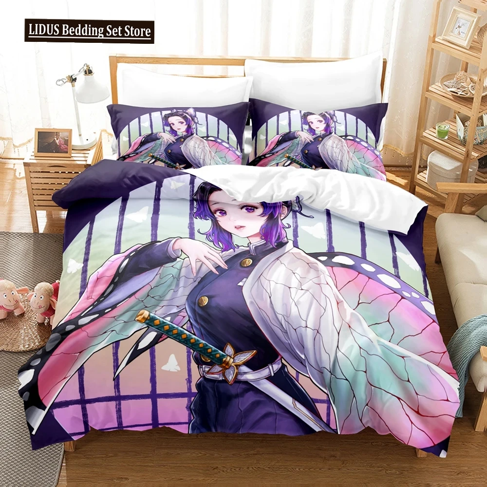 3D Print Kochou Shinobu Bed Linen Anime Demon Slayer Bedding Set 200x200 Teens Boys Twin Single Queen King Full Duvet Cover Sets