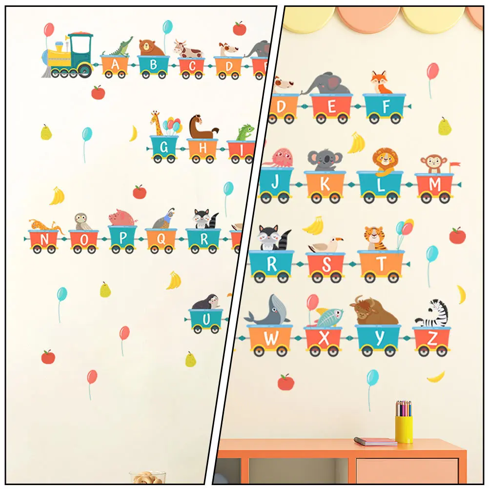 

2 Sheets Cartoon Train Alphabet Wall Stickers Educational Decorative Letters Room Decal Colorful Indoor Wall Stickers
