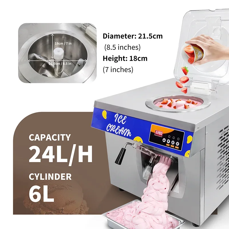 Easy Operation 6L 24L/H Night Keep Fresh Free Wash Professional Tabletop Stainless Steel Ice Cream Maker Ice Cream Machine