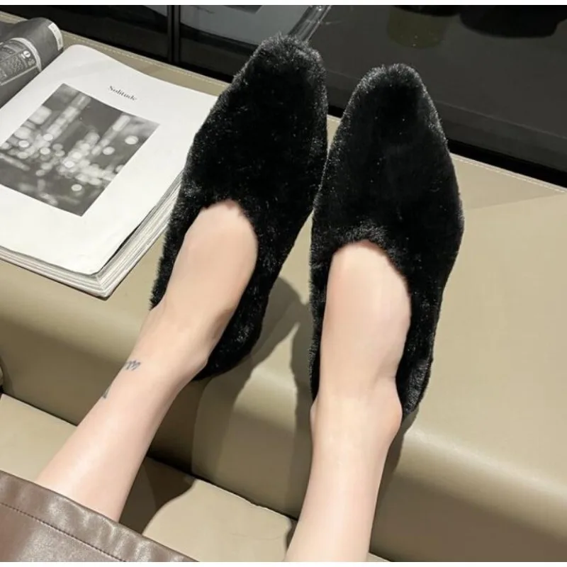 Fashion Pointed Toe Fur Ballet Flat Woman Winter Warm Plush Shallow Loafer Ladies Concise Furry Heeled Dress Shoes Zapatos Mujer