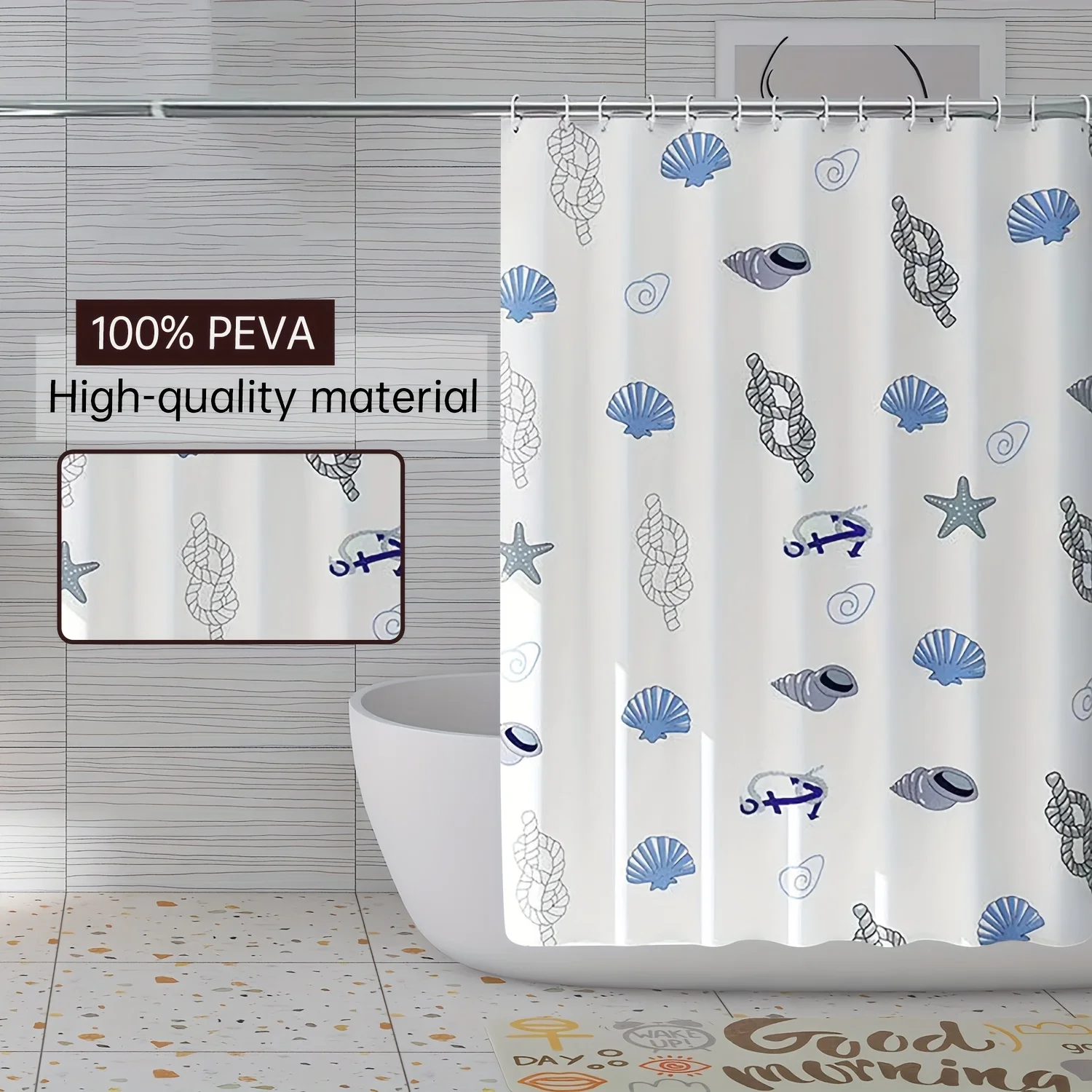 

The white ocean shell shower curtain lining is made of high quality PEVA, no need to punch holes, cute and lightweight