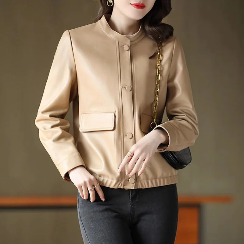 Casual Slimming Sheepskin Coat Women's Short Spring Autumn New Solid Color Stand Neck Single Breasted Genuine Leather Jacket