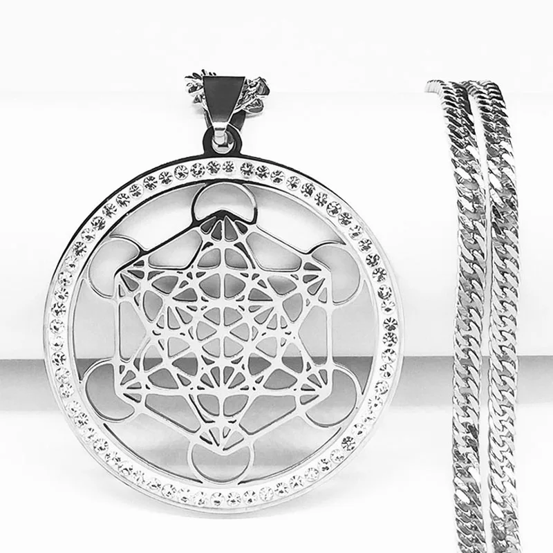 Sacred Geometry Metatron Necklace Women Flower of Life Pendant Stainless Steel Silver Color Crystal Necklaces Angel Seal Jewelry