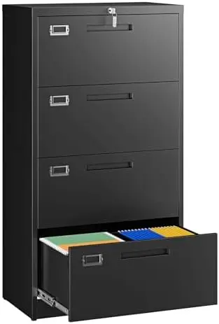 4 Drawer File Cabinets with Lock,Metal Lateral Filing Storage Cabinet Printer Stand,Black Steel Home Office Cabinet for