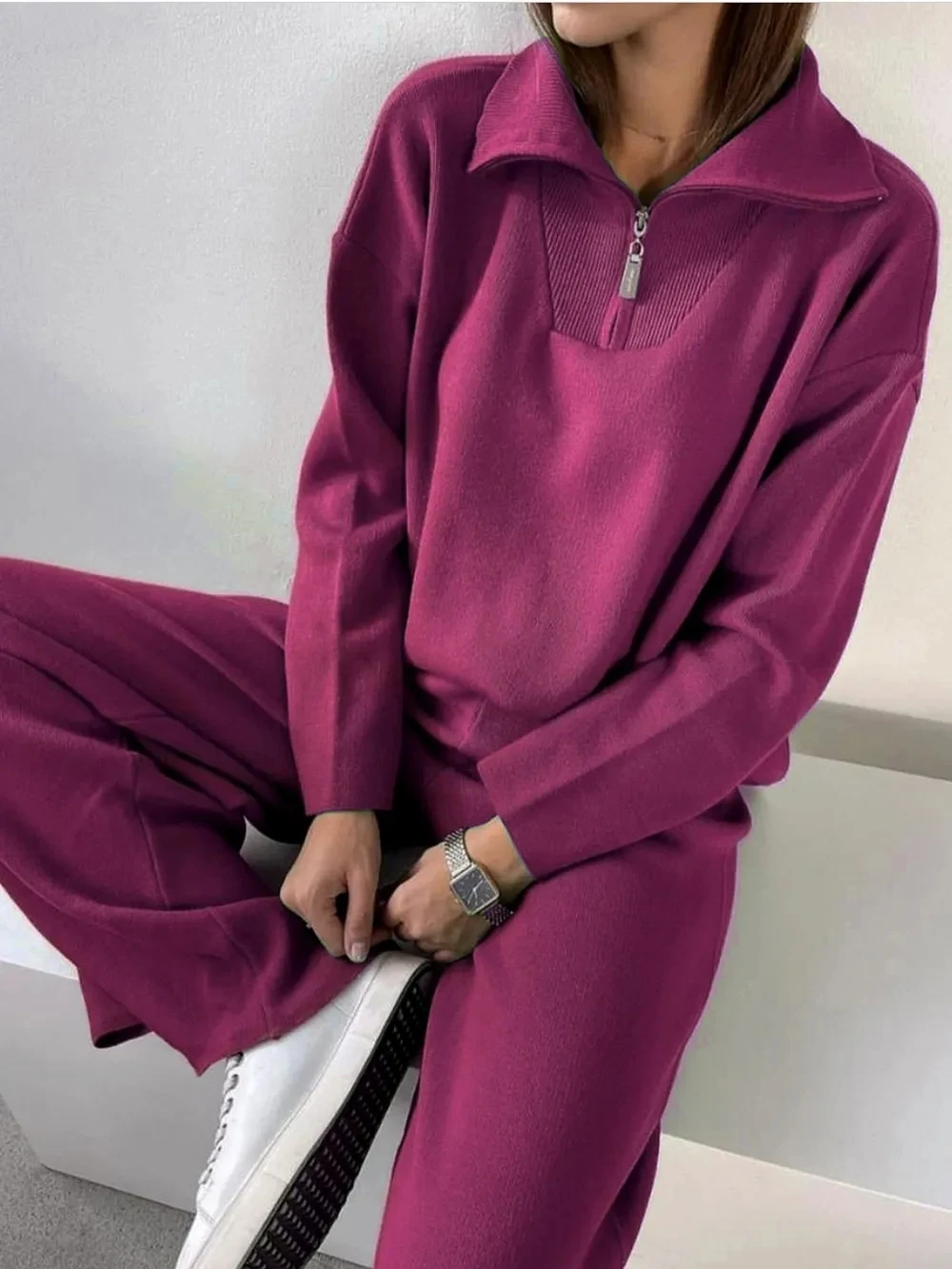 Women Pajamas Sets Solid Autumn Winter Zipper Collar Pullover Sweater+High Waist Trousers Knitwear Elegant Female Home Suits