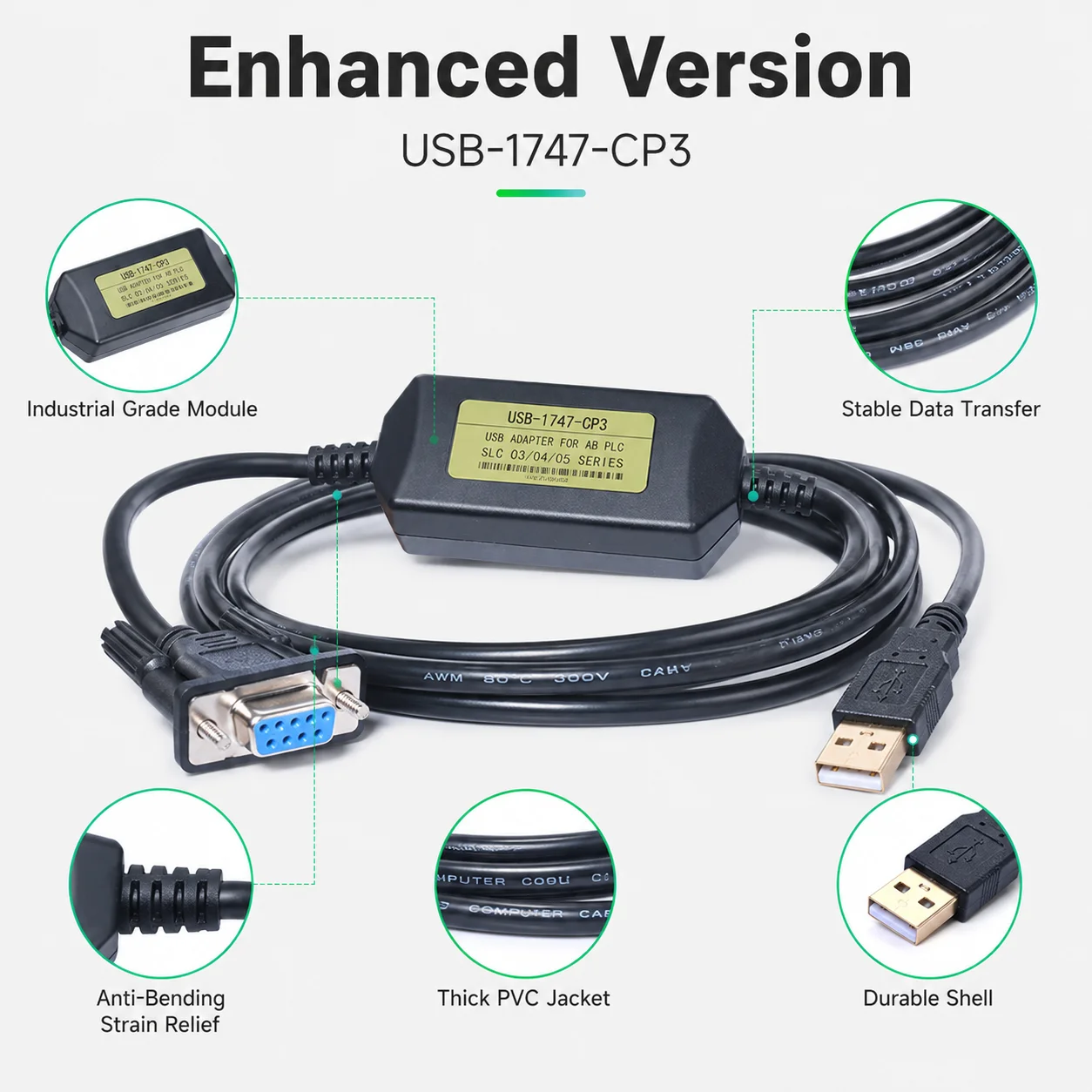 USB-1747-CP3 Programming Cable for Allen Bradley AB SLC 5/03 5/04 5/05 PLC USB to DB9 Female 3M Enhanced Version