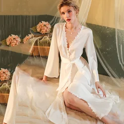 Sexy Wedding Robe White Brides Dress Black Negligee Long Deep V Bathrobe Female Backless Lace-Up Evening Loungewear FG549