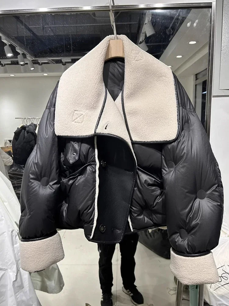 

2024 Winter Women's Down Jackets Warm Casual Coat Female Puffer Jacket Patchwork PU Leather Parkas Korean Female Lapel Coat