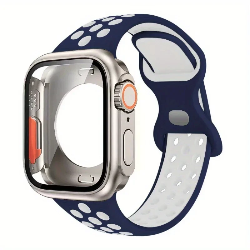 Correa de silicona con funda protectora de pantalla para iWatch Series 4/5/6/SE/7/8/9 45mm/44mm/41mm/40mm correa de reloj deportivo con cierre de mariposa