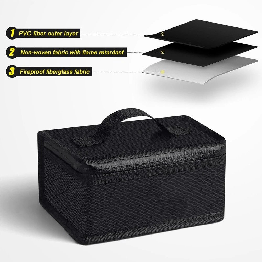 Lithium Battery Safe Bag Fireproof Explosionproof Bag Battery Guard Safe Box Portable Storage Handbag Black Silver