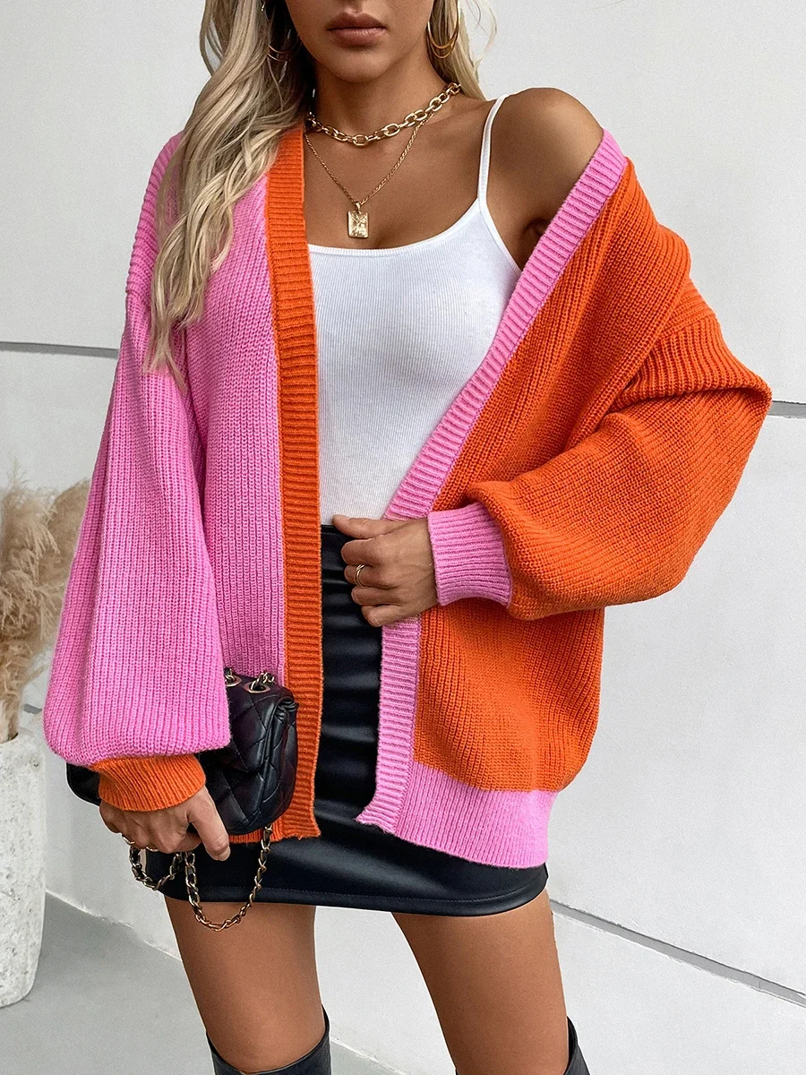 New Women Fashion Cardigan Contrast Color Open Front Long Sleeve Sweater Fall Casual Soft Knit Coat Skin Friendly Hot Sale S-XL