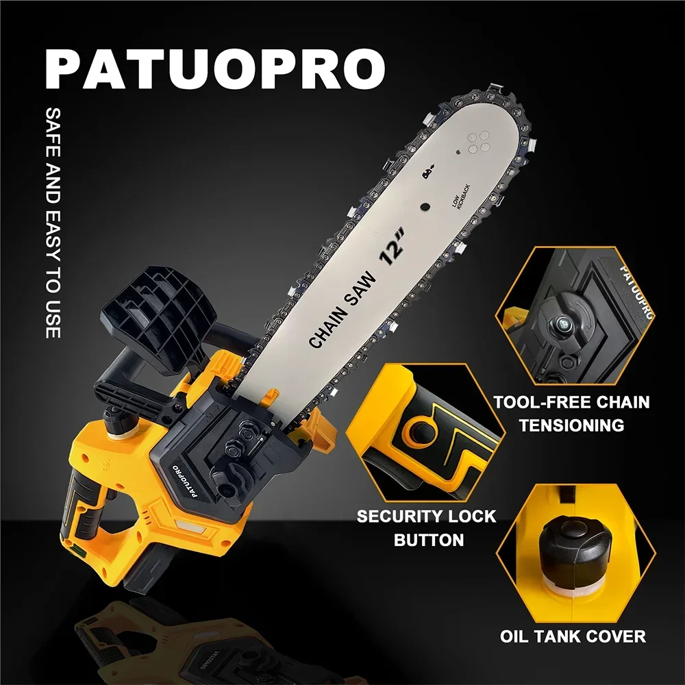 PATUOPRO 12 Inch Brushless Electric Saw Cordless Battery Power Chainsaw Wood Cutter Woodwork Garden Tools For Makita 18V Battery