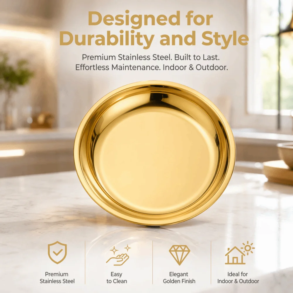 Gold Stainless Steel Round Plate Shallow Tray Rustproof Flat Stainless Steel Dining Dish Easy Clean Food Container Restaurant