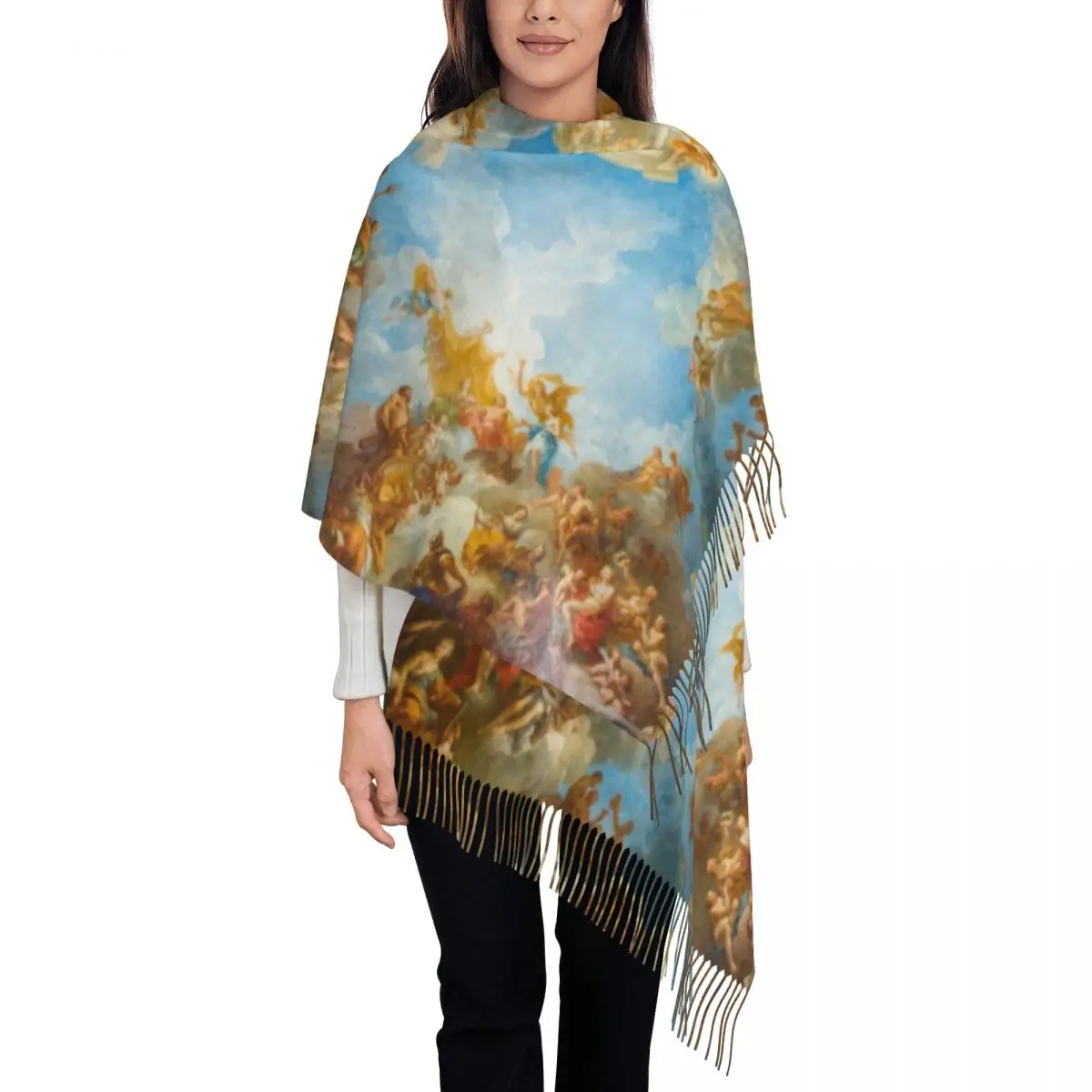 Luxury Fresco Of Angels In The Palace Of Versailles Tassel Scarf Women Winter Warm Shawl Wrap Female Renaissance Scarves