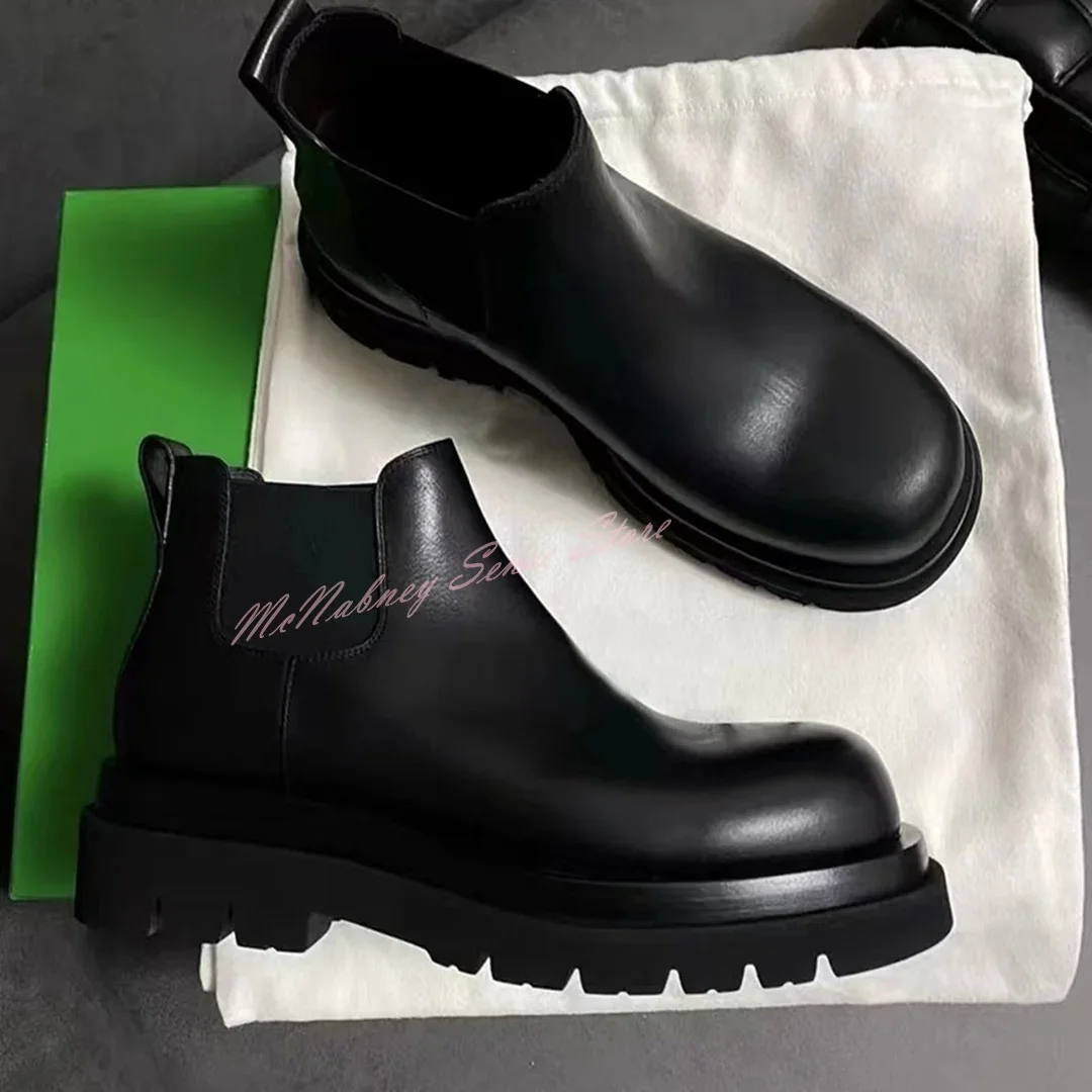 

Ботинки мужские и женские из натуральной кожи с круглым носком, повседневная обувь на толстой подошве, без застежки, дизайнерские короткие сапоги, большие размеры, осень-весна