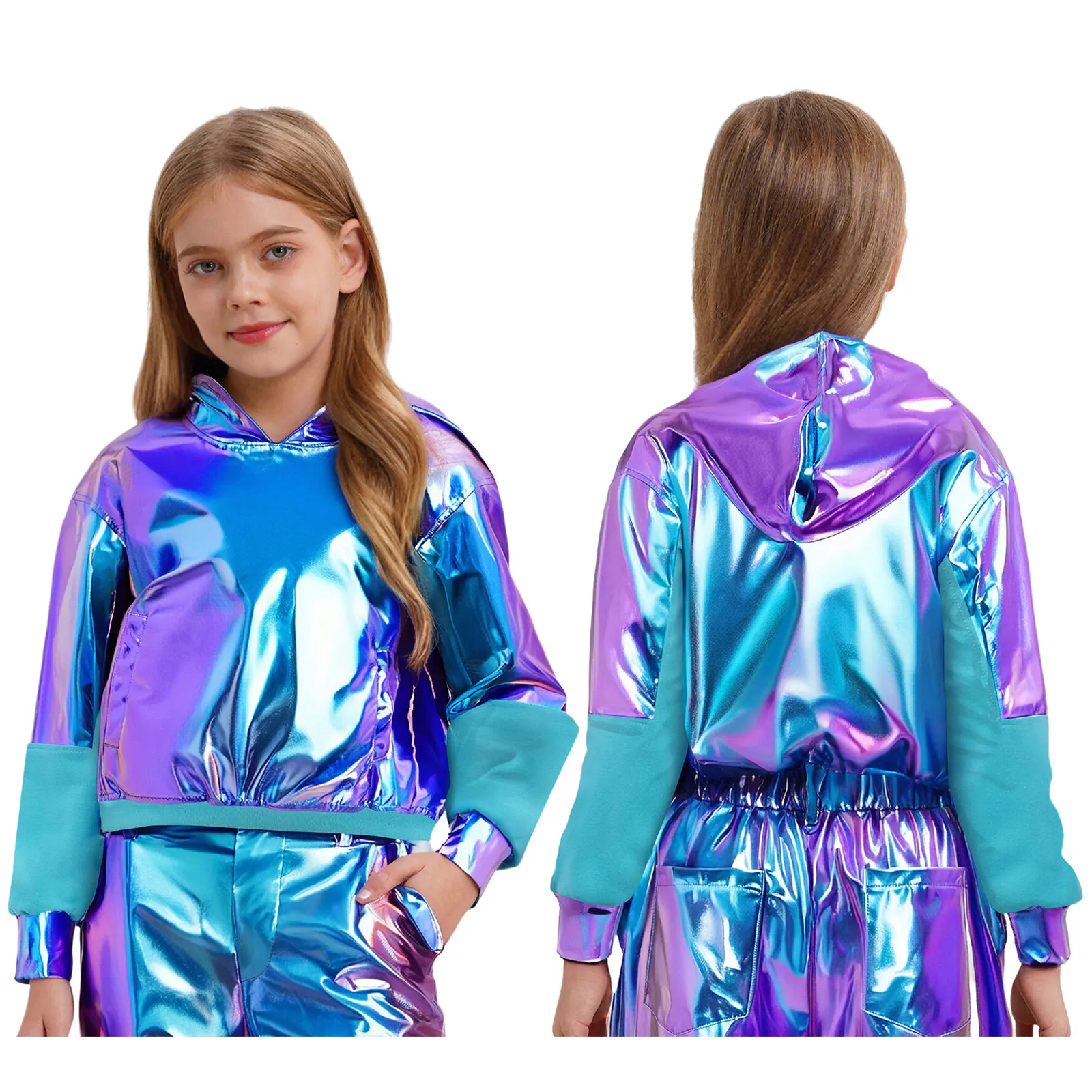 

Kids Hip Hop Jazz Street Dance Metallic Shiny Hoodies Long Sleeve Hooded Pullover Sweatshirts for Rave Party Stage Performance
