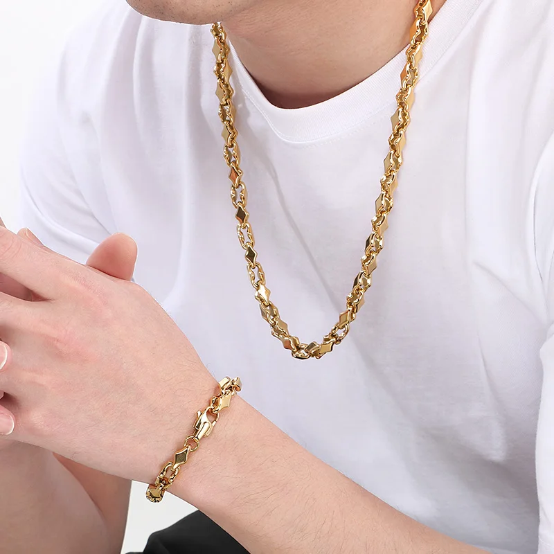 KALEN Vintage Rhombic Chain Bracelet Necklace for Men Women Punk Stainless Steel Jewelry Set Hollowing Chain Accessories Gift