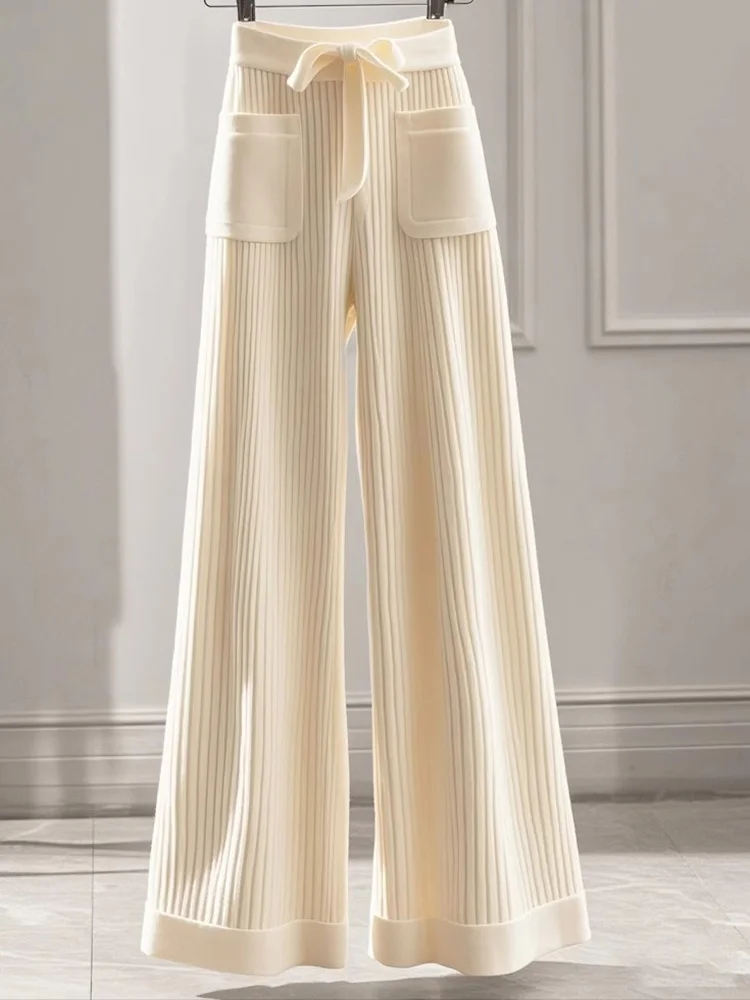 Pantaloni eleganti in maglia dolce da donna tasche larghe alla moda pantaloni a vita alta casual da donna autunno inverno pantaloni chic a gamba larga con lacci