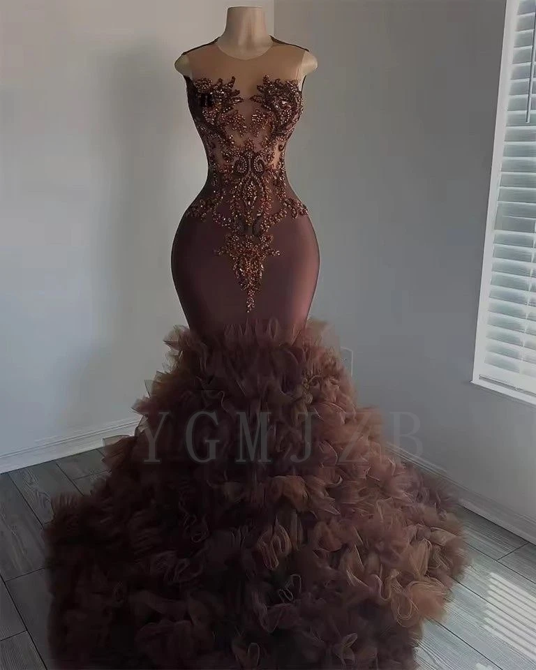 Brown Beaded Prom Dresses Luxury Black Girls Mermaid Diamonds Ruffles Buttom Wedding Party Birthday Graduation Evening Gown