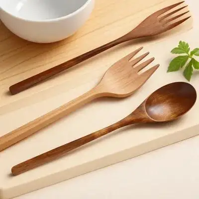 

1Set Wood Fork and Spoon Set Practical Salad Server Reusable Multi-Function Cake Dessert Cutlery for Home Party
