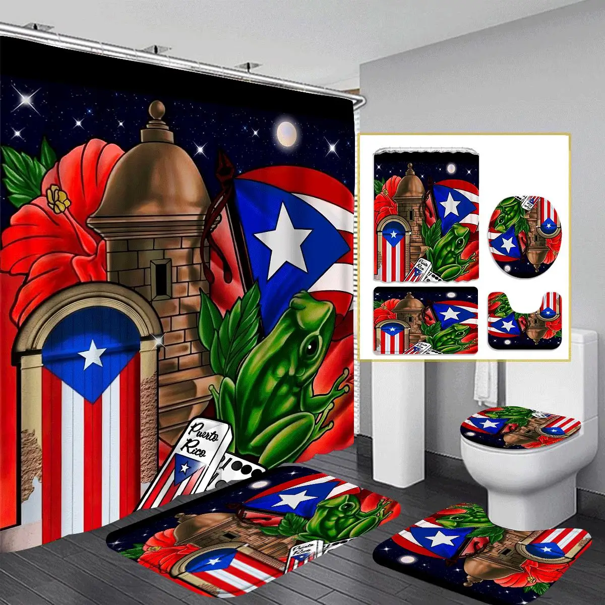 

Vibrant Puerto Rico Themed Tropical Paradise Bathroom Set -Waterproof Shower Curtain, Floor Mats, Toilet Lid Cover & Contour Mat