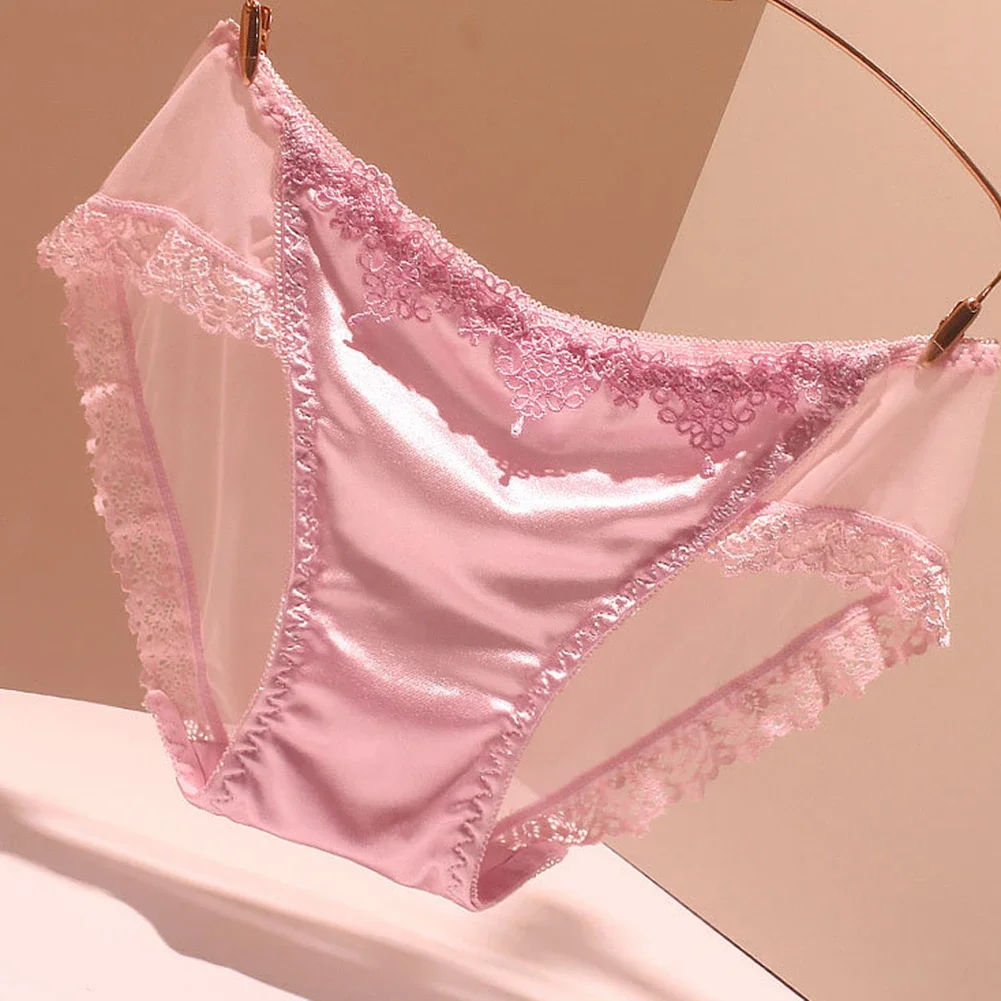 Women Briefs Traceless Lace Satin Silky Soft Underwear Lightweight Breathable Sexy Low Waist Panties Seamless Sweet Underpants