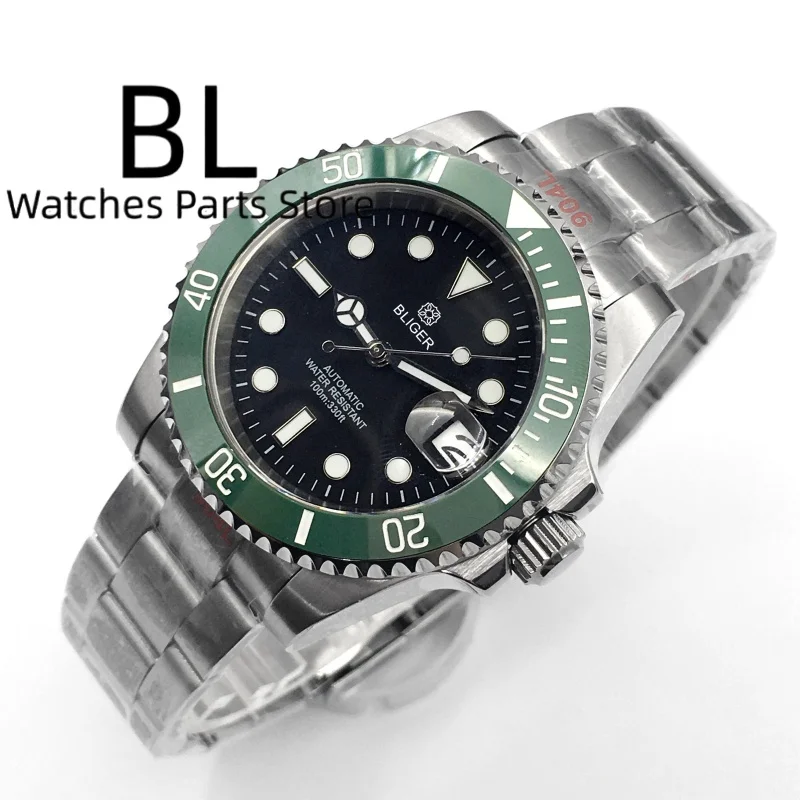 

BLIGER Sterile NH35A PT5000 MIYOTA Black Insert Automatic Men Watch 40mm Brushed Steel Bracelet Date Magnifier Sapphire
