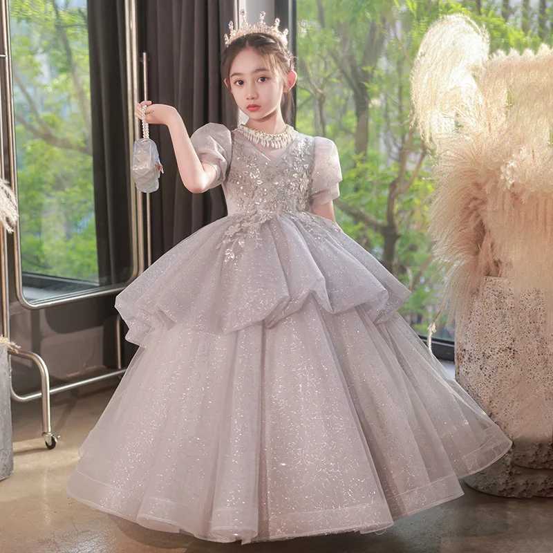 Girls Dress Little Girls Kids Flower embroidery bead string Long Ball Gown Children Wedding Party Costume baby Ball feast Dresse