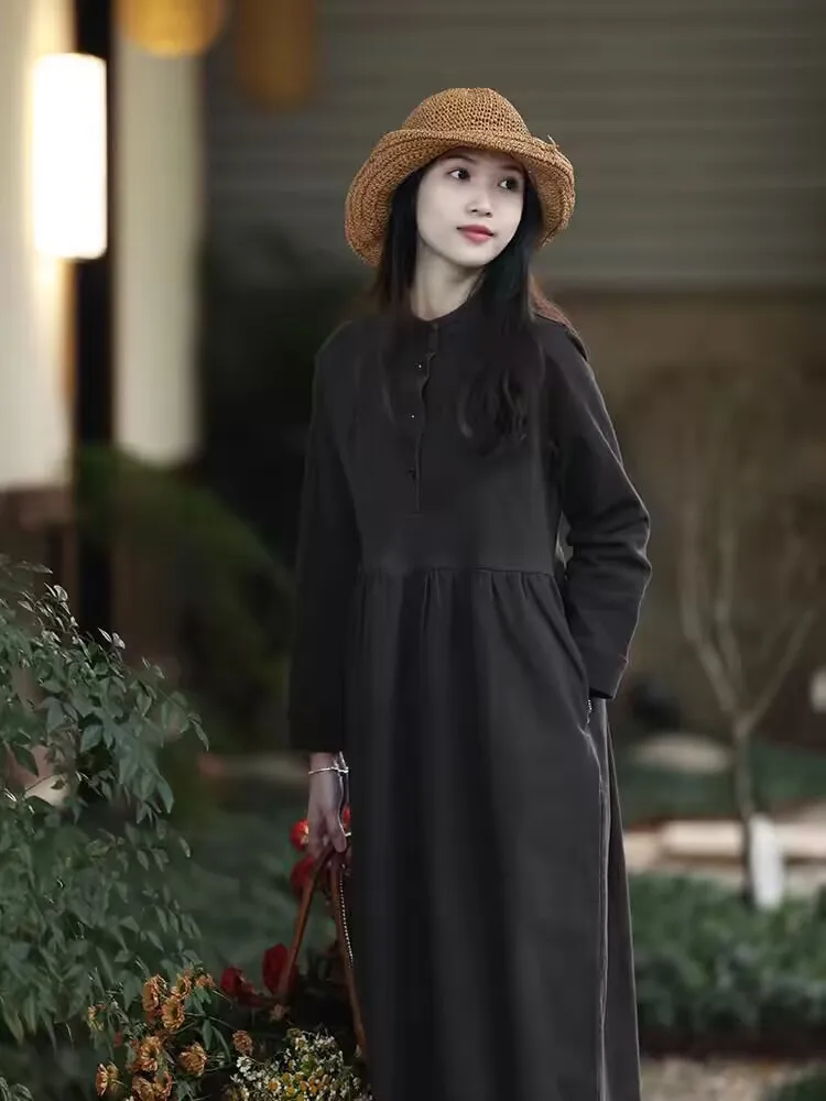 Vestido camisero de algodón negro Vintage 2025, nuevo otoño, cuello levantado, cintura alta, suelto, manga larga, Maxi vestidos femeninos F23