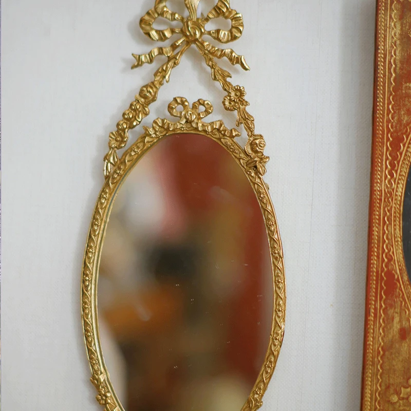 French Retro Mirror Pure Copper Carved Outer Frame Room Decoration Mirror Brass Copper Bow Wall Pendant Home Ornaments Gift