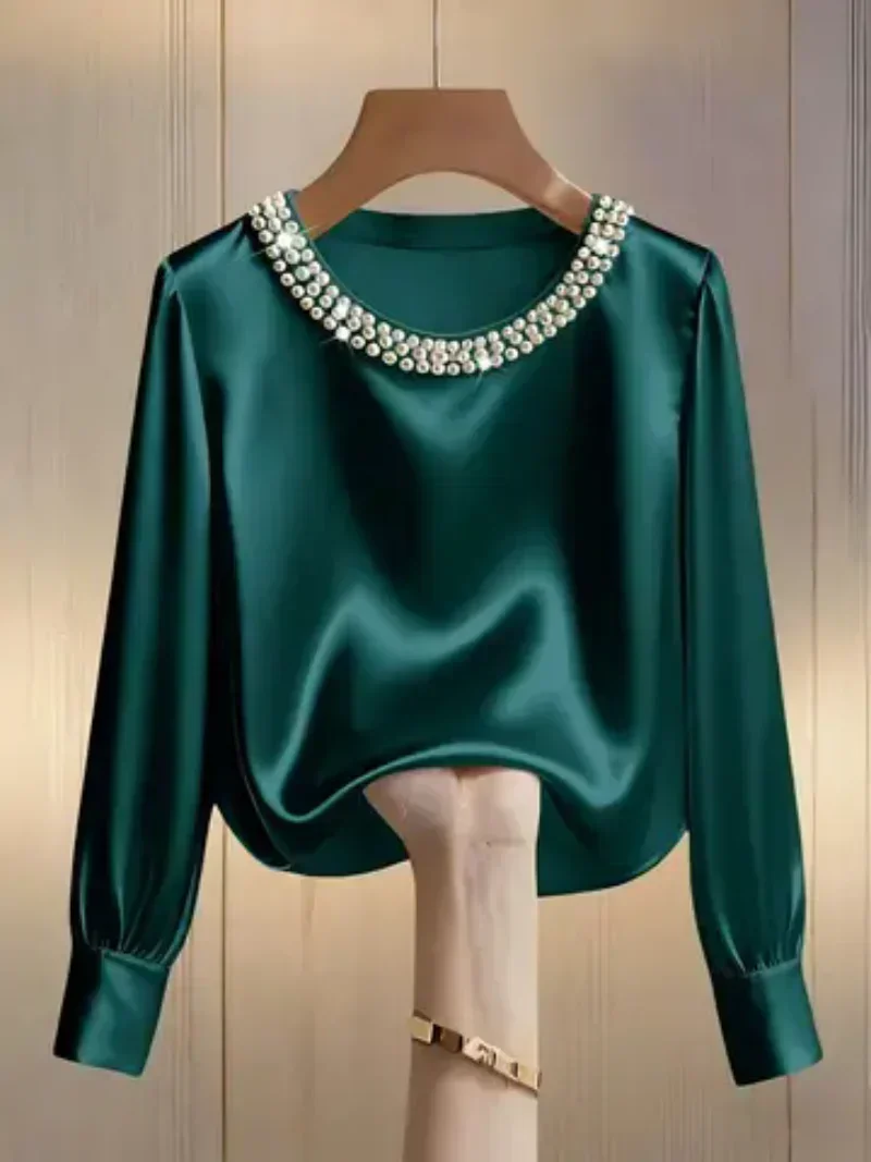 Elegant Ladies Satin Top Round Neck Pearl Beading Decor Long Sleeve Loose Solid Color Office Blouse