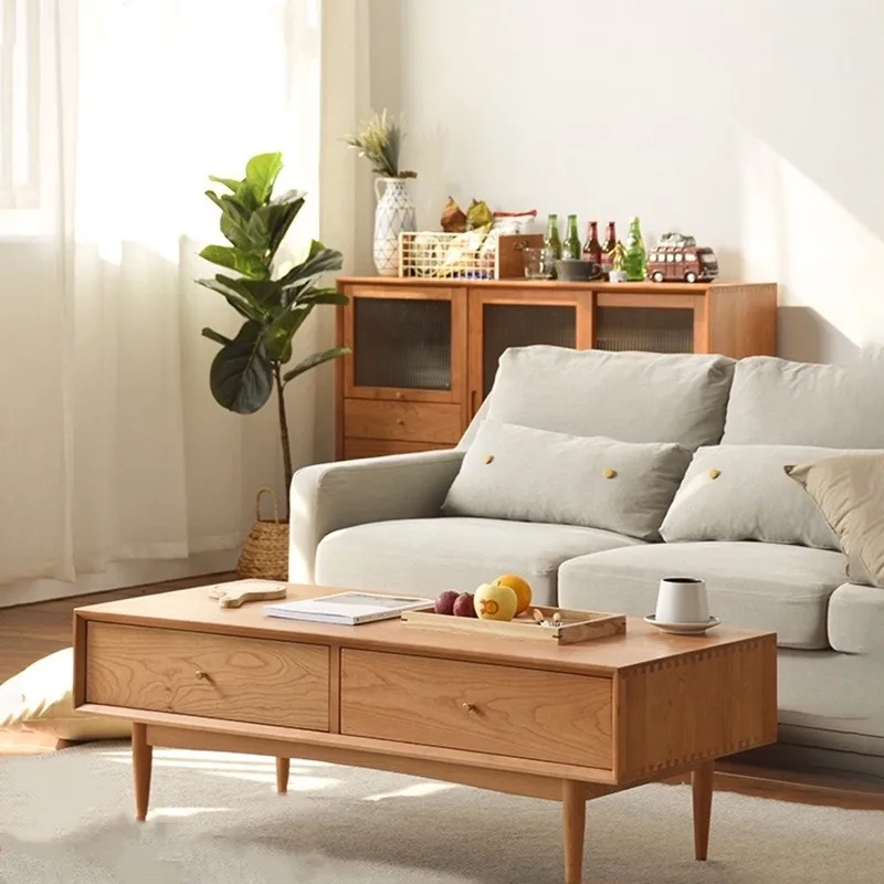 Nordic coffee table, simple living room, modern style small apartment, Japanese-style white oak log multi-functional all-solid